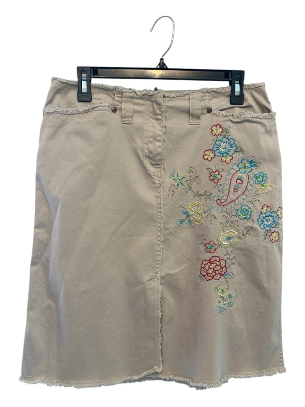 Vintage Y2K Jones NY Khaki Midi Skirt with Multicolor Floral Embroidery Size 8